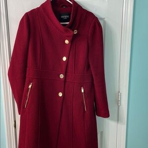 Guess Burgundy Coat with Gold Buttons and zipper